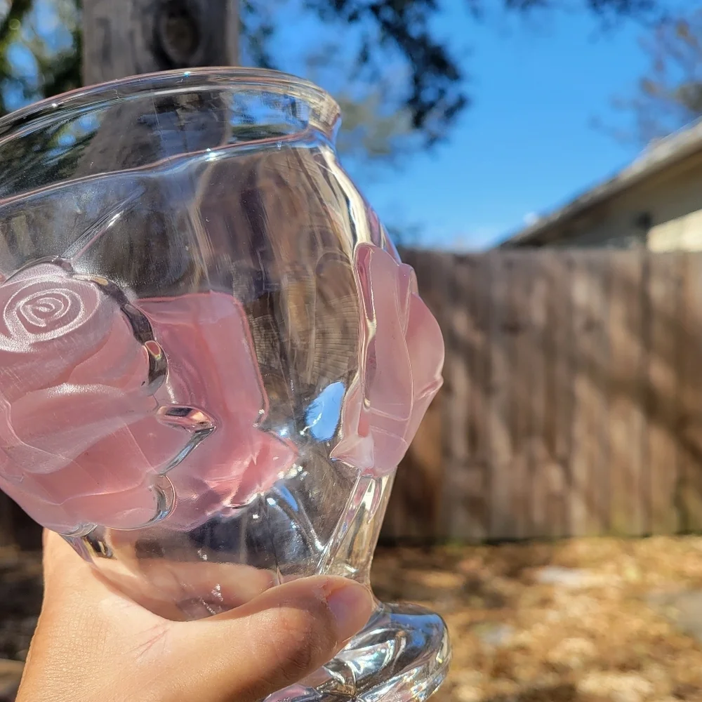 Vintage Teleflora Three Frosted Raised Pink Roses Low Crystal Glass Flower